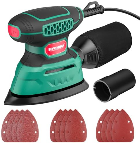 HYCHIKA Detail Sander Tool with Vacuum Attach, 13,000 OPM, 1.2A Electric Palm Sander with 12 Pcs Sandpapers, Upraged Dust Collection System, Compact Design for Tight Spaces Sanding and Paint Removing