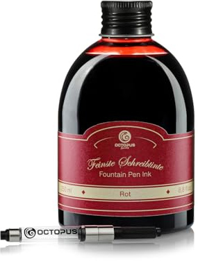 Octopus Fluids Klassik Füllhaltertinte Rot - Set mit 250?ml Nachfüllflasche & Tinten-Konverter, hochwertige Schreibtinte für Füllhalter und Schreibfedern