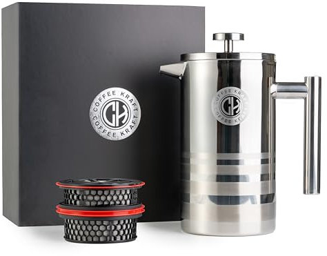 COFFEE KRAFT Premium Cafetiere 1L | Triple Filter | Double-Walled Insulation | 34oz Coffee Press | Bespoke 3-Level Filter System for Enhanced Flavour | Stainless Steel French Press