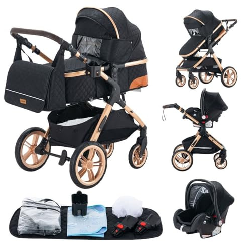 Passeggino 3 pezzi, passeggino, passeggino 3 in 1, passeggino pieghevole, pneumatici in gomma, con accessori, Gondola, Adaptateurs, 25 kg (XX1 Nero)…