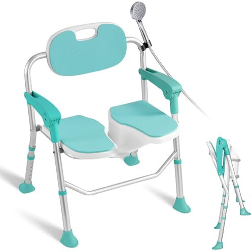 Duschstuhl für Senioren, Duschsitz mit Armlehnen und Rückenlehne, Duschstuhl Klappbar, Belastbar bis 180kg, Höhenverstellbarer, Badestuhl mit Rutschfesten Fußpolstern, Duschhocker für Senioren
