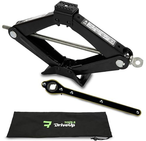 DRIVEUPTOOLS Cric à Ciseaux d'une capacité de 2 tonnes avec Coussinet en Caoutchouc, kit d'outils d'urgence, cric au Sol pour véhicules, Changement de Roue (2T) dans Un étui étanche.