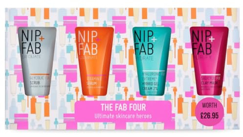 Nip+Fab The Fab Four Gift Set Includes Bestselling Glycolic Scrub, Vitamin C Serum, Hyaluronic Gel Cream, and Salicylic Clay Mask Perfect Secret Santa and Stocking Filler