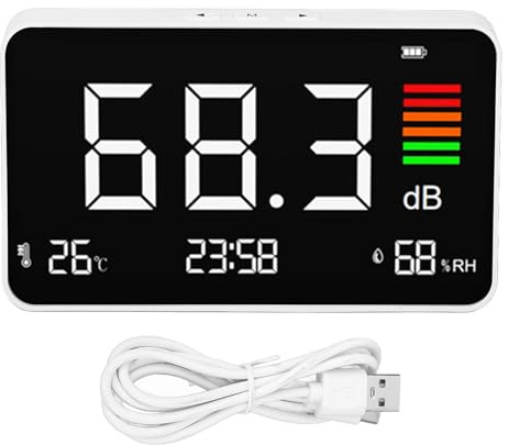 Décibelmètre Numérique, Sonomètre de Bureau 30-130 DBA avec Détection de la Température et de l'humidité, Affichage LED du Bruit, de la Température et de l'humidité, Compteur SPL