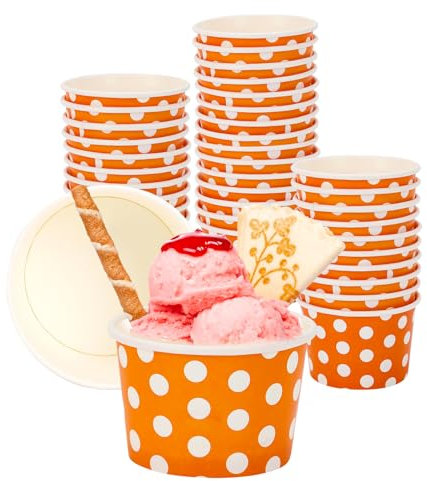50 Stück Papier Eisbecher Behälter 125ml Eiscreme Papierschalen Polka Dot Papier Dessertschalen für Gefrorener Joghurt, Sundae, Eiscreme, Kuchen, Suppe für Kinder Sommer Geburtstagsfeier (Orange)