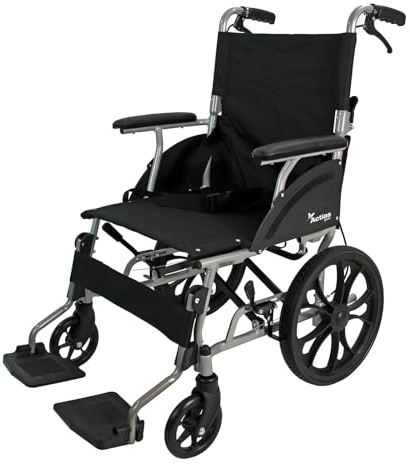 Actiasgear - Aluminium Wheelchair - Lightweight, Folding, Compact Travel Transit Aid with Hand Brake, Black