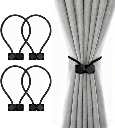sitengjun Lot de 4 Embrasses de Rideaux Magnétiques Noires,Attaches Rideaux en Coton tissé à la Main,Corde Polyester Reinforcée-Embrasses Magnétiques Noires pour Rideaux,décoration de Maison, Bureau