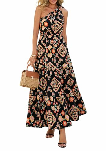 PRETTYGARDEN Women's Summer Floral One Shoulder Maxi Dress Knot Ruffle Boho Beach Vacation Wedding Guest Long Sun Dresses (Black Multicolored Floral,Large)