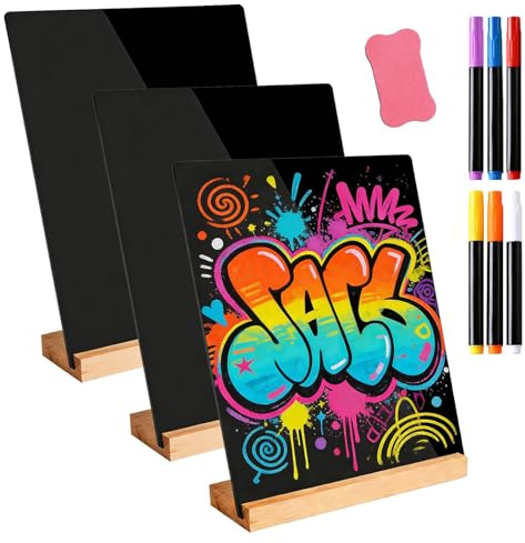 3 Pcs Chalkboard Sign, 21 x 30cm Tabletop Wood Chalkboard Sign with Base Stand, Menu Chalk Board Sign Message Boards for Party Tables Decoration, Bar Stall and Restaurant