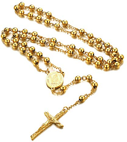 FaithHeart Collar Rosario Hombre Mujer Acero Inoxidable 316L Medalla San Miguel/Benito/Cristóbal/María con Cruz Jesucristo Joyería Religiosa para Rezo