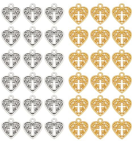 PandaHall - 80 piezas de plata antigua y aleación dorada hueca metal con forma de corazón y cruz a granel para joyería, accesorios