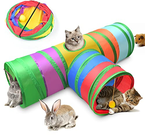 ERKOON 3 Way Cat Tunnel, Collapsible Pop Up Rabbit Tunnel With Funny Pompon Hideout Tube for Kitten,Guinea Pigs (Rainbow, 25CM)