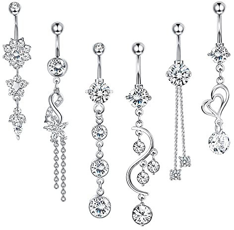 Kakonia Bauchnabelpiercings,6 PCS 14G Piercing Bauchnabel,Bauchnabelpiercing Chirurgenstahl für Frauen CZ Bauchnabelpiercings mit Dangle Zirkonia Curved Piercing Schmuck Barbells