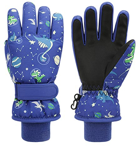 QKURT Guantes de Esquí para Niños, Guantes de Nieve Impermeables para Invierno, Guantes de Clima Frío con Forro de Lana Caliente, Guantes de Esquí para Niños Dinosaurios para Niños de 2 a 6 años