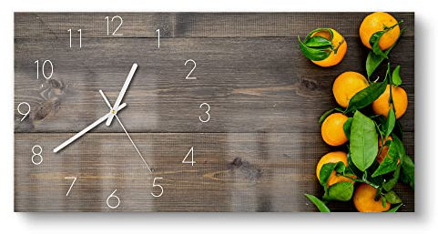 DEQORI Glasuhr | vertikal 60x30 cm | Motiv Orangen auf Holzbrettern | große XXL Design Uhr aus Glas | leise Wanduhr für Wohnzimmer & Küche | Moderne Hingucker Uhr für die Wand