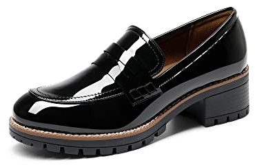 DREAM PAIRS Womens Moccasin Loafers, Slip On Platform Chunky Penny Heeled Loafers for Women Dressy and Work, Womens Business Casual Shoes,Size 7.5,Black-Pat,SDLS2319W