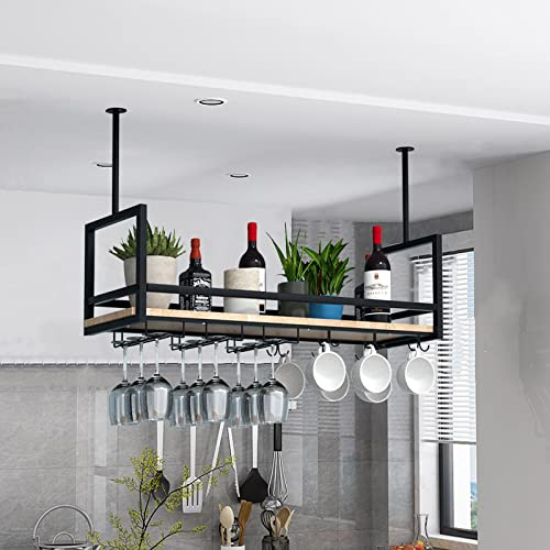 YTLEMON Soporte para Copa de Vino Botellero Colgante, Botellero de Techo con Portabotellas, Estante de Copa de Vino Vintage Decorativo para Bar Restaurante Cocina Club (80×30×60cm, Black)