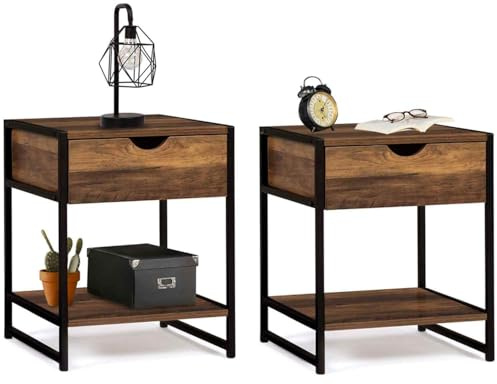 IDMarket - Lot de 2 Tables de Chevet Hawkins 1 tiroir avec Tablette Bois foncé Design Industriel