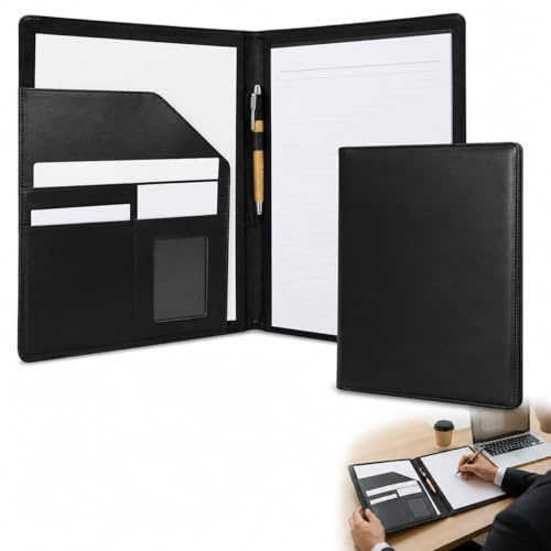 CZAYEFNH Portfolio A4 en Cuir PU, Organiseur de Conférence, Dossier, Porte Document Homme Femme, Porte Bloc Notes pour Record de Réunion RDV Affaires, Noir