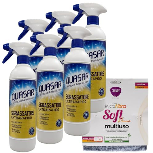 QUASAR SET: 6x Quasar SGRASSATORE EXTRARAPIDO Spray. Senza Aloni, Risciacquo Immediato, Profumo Di Limone. Scudo Antisporco, Pulito Più a Lungo 580ml + Panno SOFT Microfibra Multiuso 33x33