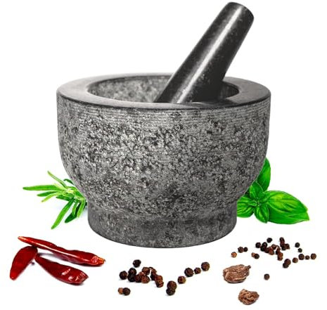 Mortaio e pestello in granito di – naturale non lucidato, non poroso, lavabile in lavastoviglie, mortaio e pestello, 15 cm