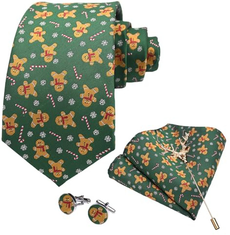 SzonMcnl Corbatas de Navidad para hombre Patrón Tejido Fiesta Navidad Corbata con Pañuelo Gemelos Juego de Broche, Lebkuchenmann, Talla única