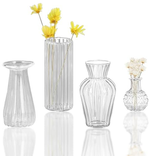 Miupoo Mini Clear Glass Bud Vases Bulk,Small Ribbed Vintage Miniature Vases for Table Decorations Centerpieces,Flower Vase for Wedding Decor Rustic Decorative,4Pieces,Vertical Striped Vase