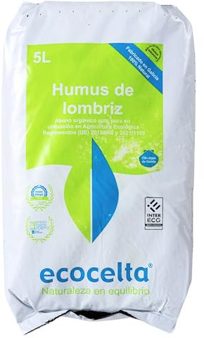 ECOCELTA | Humus de Lombriz 5L | Abono Orgánico para Huertos, Frutales y Macetas | Fertilizante Natural con Alta Concentración de Ácidos Húmicos | Regenerador de Suelos con Certificación Ecológica
