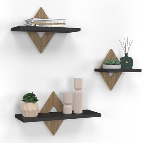 IDMarket - Lot de 3 étagères murales Iris façon hêtre et Noir