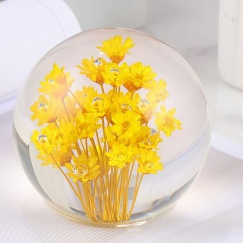 Lámpara Nocturna con Bola de Cristal con Flor, Esfera de Vidrio de 6,5/8 cm con Base de Madera, Figura con Luz LED Cálida, Regalo Decorativo para Mujer, Mamá, Cumpleaños, Boda, Día de la Madre(Orange,