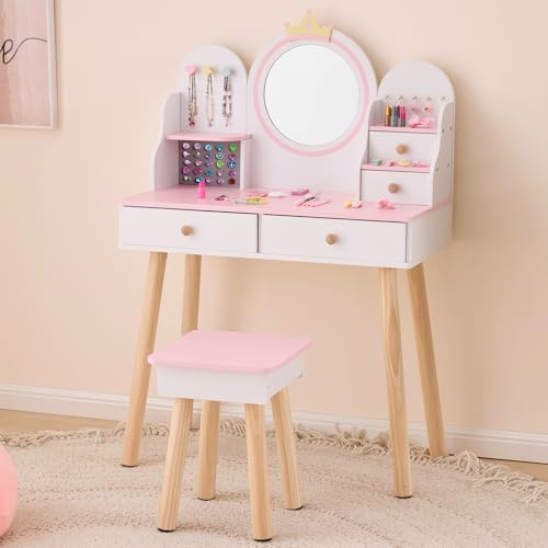 Karl home Kids Princess Vanity Table and Chair Set, 2 in 1 Toddler Makeup Vanity with Jewelry Storage & Drawers, Pretend Play Dressing Table Set for Little Girls, White