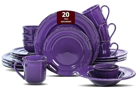 Juego de vajilla de 20 piezas, juego de platos y cuencos, vajilla de gres para 4 personas, apta para microondas y lavavajillas, resistente a los arañazos, color morado antiguo moteado estilo campestre