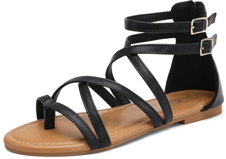 katliu Women's Gladiator Sandals, Strappy Flat Sandals, Dressy Boho Thong Sandals Black 9