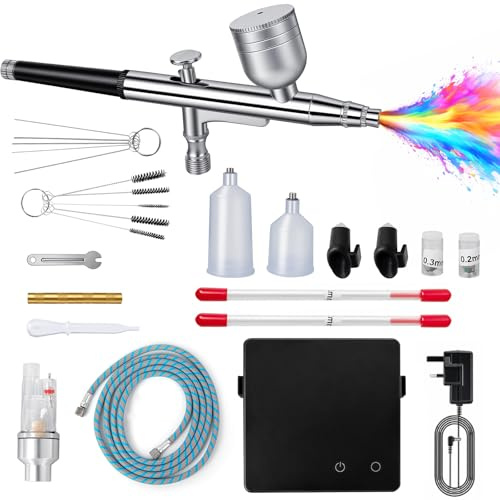 Airbrush Kit with Compressor 40 PSI - Dual Action Air Brush Set with 0.2/0.3/0.5mm Nozzles, Non-Clogging Spray Gun with Cleaning Brushes Set for Model, Tattoo, Makeup, Cake, Nail Art, Miniatures
