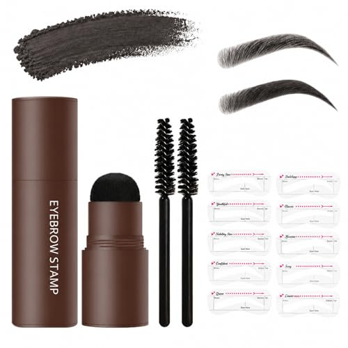 Kit di timbri in polvere per sopracciglia, nero, 10 guide modellanti e 2 pennelli a bobina, applicatore in spugna arrotondato, unità compatta con tappo, varie opzioni di contorno, per il riempimento