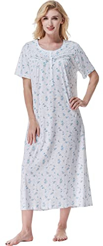 Keyocean Chemise de Nuit Femme Coton Longue Robe de Nuit à Manches Courtes | Nuisette Été Doux Ample, Vêtements de Nuit avec Boutons, Nightgown Léger