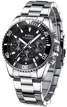 Orologio Uomo Orologio Militare Acciaio Cronografo Impermeabile Luminosi Design Orologi Quadrante Grande da Polso Elegante Sportivo Analogici Data Nero argento
