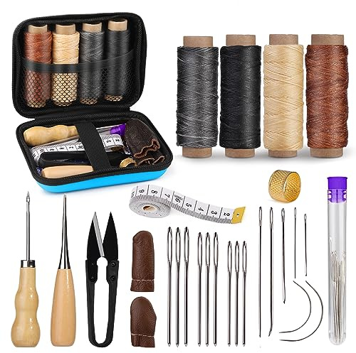 MORFEN Kit de couture en cuir avec poinçon, aiguilles, fil ciré, kit de réparation d'ameublement, outils de couture robustes pour coudre à la main sièges de voiture, canapé, tapis, chaussures, loisirs