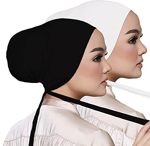 Hophor Women's Black Stretch Under Scarf Hijab Cap Solid Color White Hijab Under Caps for Hijabs 2pcs(White+Black)