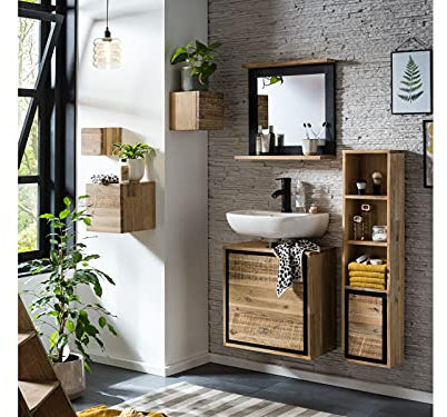 Woodkings Badmöbel Set Jolo I 6-teiliges Badset für Ihr Badezimmer I Waschbeckenunterschrank mit Spiegel, Hängeregal und 3er-Set Würfelregal Badschrank klein und schmal