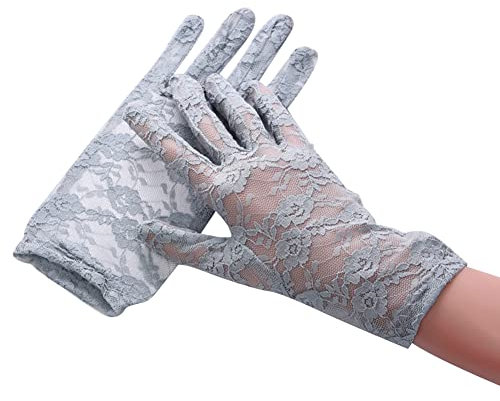 ihreesy Guanti Corti in Pizzo Da Donna, 2 Pezzi Guanti Da Sera Vintage Da Donna Guanti Da Sposa Estivi Guanti Da Ciclismo in Pizzo Guanti in Rete Guanti Di Protezione UV,Grigio