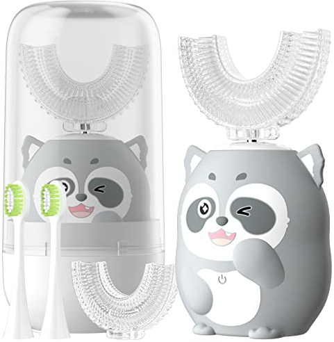 ELOTAME Kids Electric U Shaped Toothbrush Children Cartoon Sonic Automatic Toothbrush with 4 Brush Heads Full Mouth 6 Cleaning Modes - (Age 8-15, Gray)
