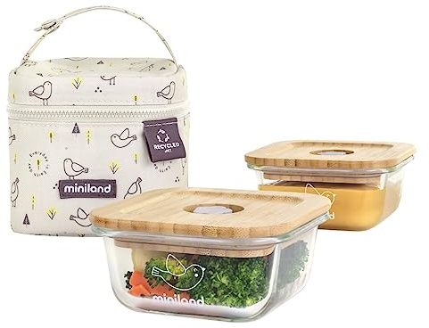 Miniland Pack 2 Go Ecosquare Chick FSC. Set de dos herméticos de vidrio en funda de textil reciclado.