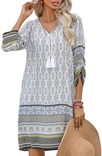 Zeagoo Women 2024 Summer Bohemian Dress Floral 3/4 Sleeve Ladies Casual Swing Midi Dress White L