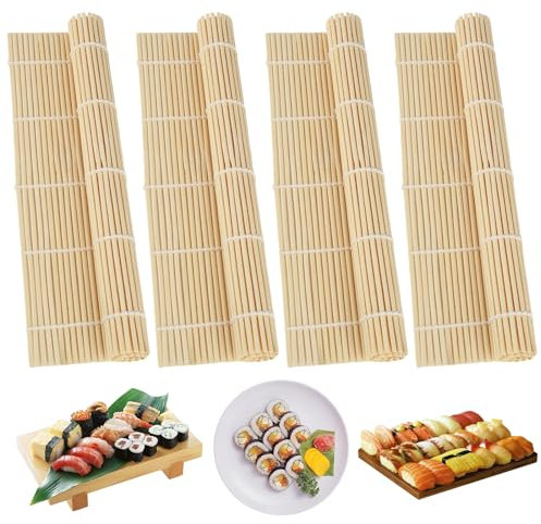XIEJ 4 Stück Sushi Matte, 24 x 24cm Bambusmatte Sushi Roller, Wiederverwendbare Rollmatte aus Natürlichem Bambus für Küche, Japanisches Restaurant