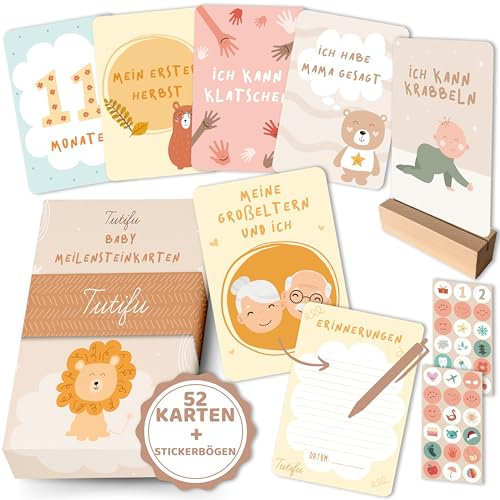 Tutifu® 52 Meilensteinkarten Baby mit Stickerbögen und Stütze. Geschenke zur Geburt und Schwangere, Babygeschenke, Meilensteine Baby, Monatskarten Baby 1-24 Monate Baby Shower Geschenk (Deutsch)