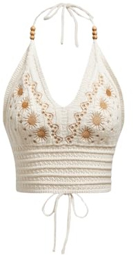 SHENHE Women's Open Back Knitted Halter Crop Top Tie Backless Embroidered Hippie Top Apricot Medium