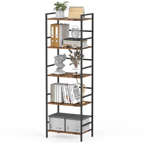 CADUKE 5-stufiges Bücherregal, rustikal braunes und schwarzes Aufbewahrungsregal, Holz-Metall-Standregal, großes offenes Bücherregal für Wohnzimmer, Schlafzimmer und Büro im Industrie-Design