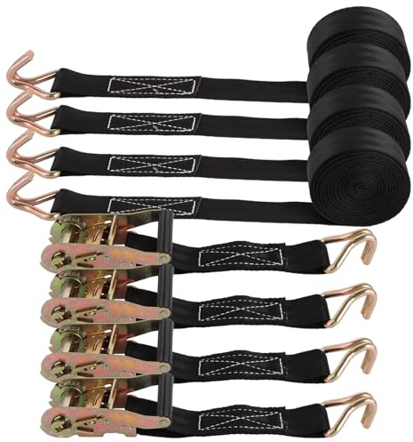 SENENQU 4 Piezas Cinchas de Amarre Negras 6 m x 38 mm, Eslingas de Carga y Eslingas de Amarre con Carraca y Gancho J, Correas de Trinquete para Remolque, Coche y Moto