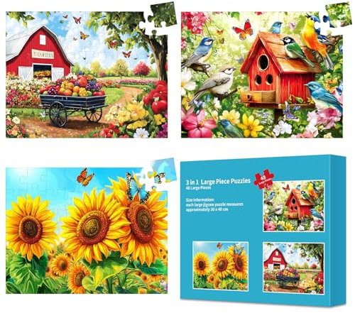 3 Packungen großes Puzzleteil für Senioren und Kinder – Demenz, 48 Teile Puzzles für ältere Erwachsene, Alzheimer-Puzzles, Gedächtnisspiele für ältere Senioren mit 3 Aufbewahrungstaschen
